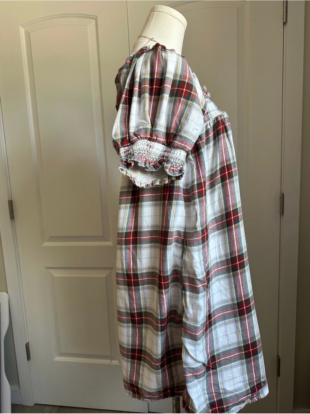 American Eagle Outfitters Plaid Smocked Peasant Dress in Red, Green, White - Picture 3 of 8